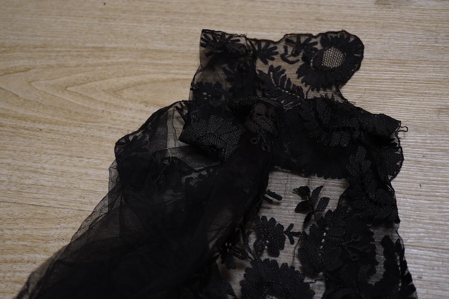 A pair of Chinese silk embroidered sleeve bands and a small collection of black lace stoles, etc.